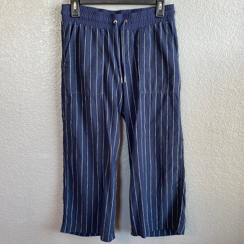 Athleta Linen Navy Pin-striped Drawstring Wide-Leg Cropped Pants